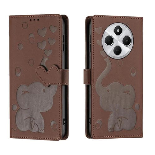 Funda de Cuero con Relieve de Elefante de Dibujos Animados para Xiaomi Poco C75 (Marrón)