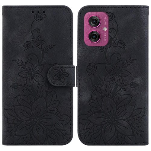 Funda de Cuero con Relieve de Lirios para Motorola Moto G55 (Negra)