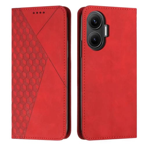Funda de cuero magnética con textura de diamante para Xiaomi Poco F7 (roja)