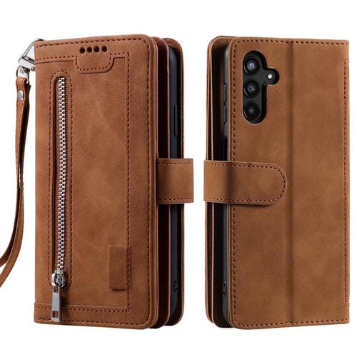 Funda de cuero con cremallera y cordón para Samsung Galaxy S25 FE 5G (marrón)