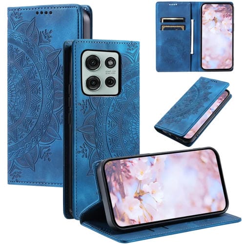 Funda de Cuero Magnética con Relieve Totem para Motorola Moto G75 5G (Azul)