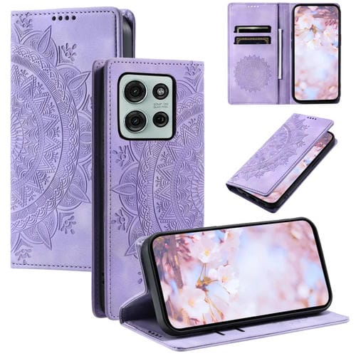 Funda de Cuero Magnética con Relieve Totem para Motorola Moto G75 5G (Morado)