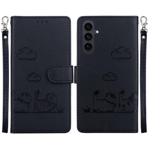 Funda de cuero RFID con diseño de gatos para Samsung Galaxy S25 FE 5G (negra)