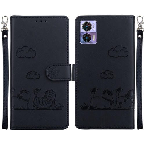 Funda de Cuero Rfid para Motorola Edge 30 Neo y 30 Lite con Diseño de Gatos (Negra)