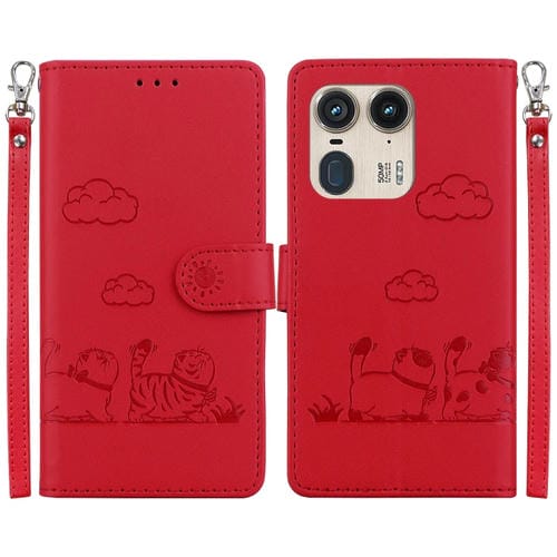 Funda de Cuero Rfid para Motorola Edge 50 Ultra con Diseño de Gatos (Rojo)