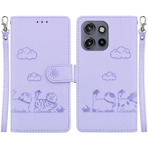Funda de Cuero Rfid para Motorola Edge 50 Neo 5G con Diseño de Gatos (Morado)