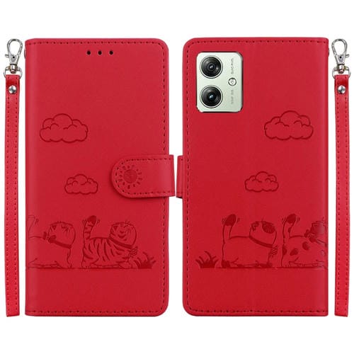 Funda de Cuero Rfid para Motorola Moto G54 con Diseño de Gatos (Rojo)