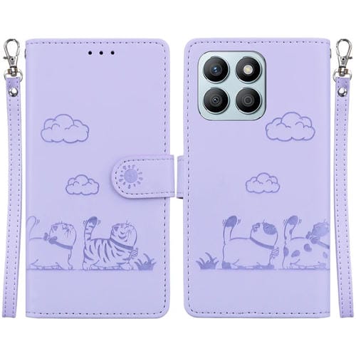 Funda de Cuero Rfid para Honor X8B con Diseño de Gatos (Morado)