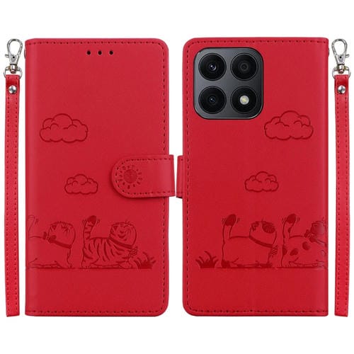 Funda de Cuero Rfid para Honor X8A con Diseño de Gatos (Roja)