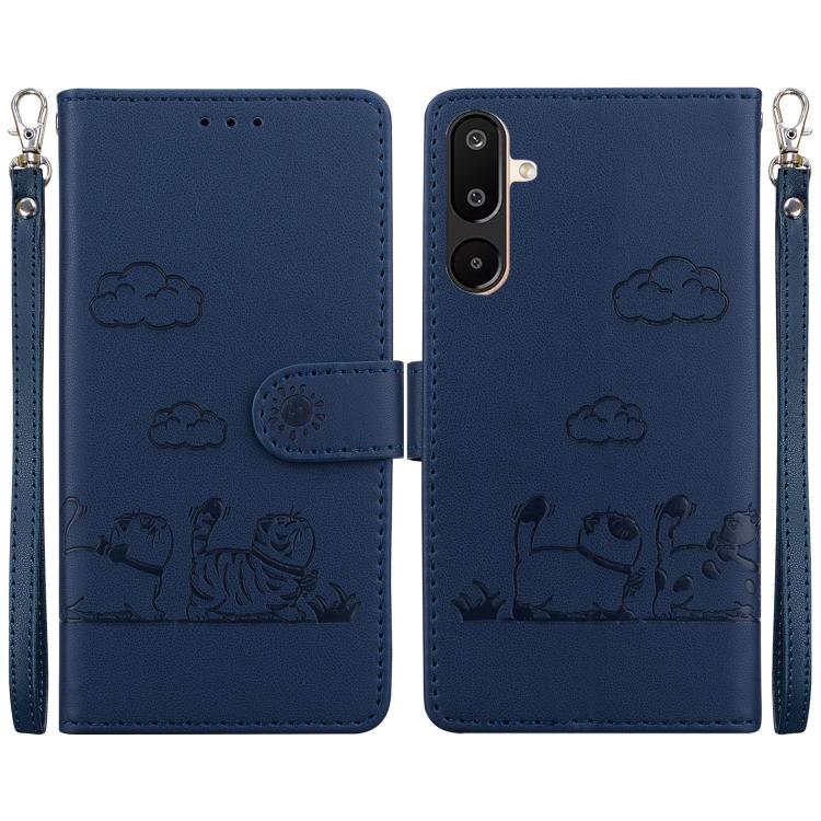 Funda de cuero RFID con diseño de gatos para Samsung Galaxy M16 5G / F16 5G / M36 5G (azul)