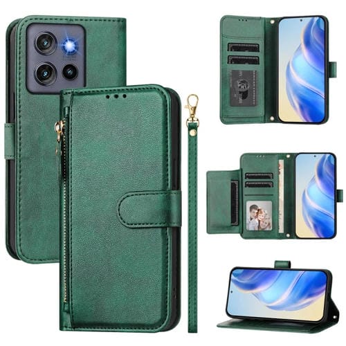 Funda de Cuero con Cremallera y Ranuras para Tarjetas para Motorola Edge 50 Neo (Verde)