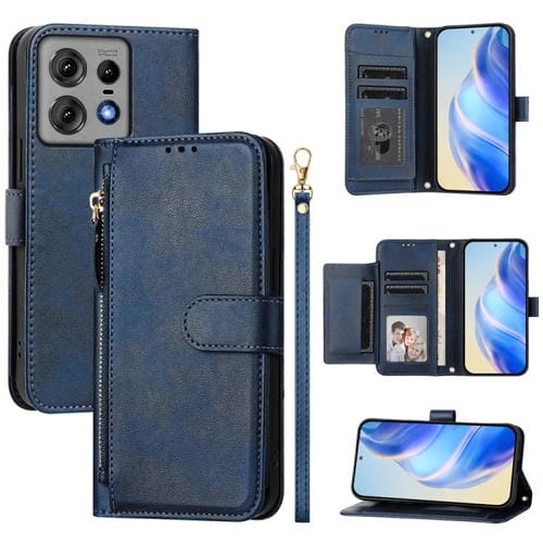 Funda de Cuero con Cremallera y Ranuras para Tarjetas para Motorola Edge 50 Pro (Azul)