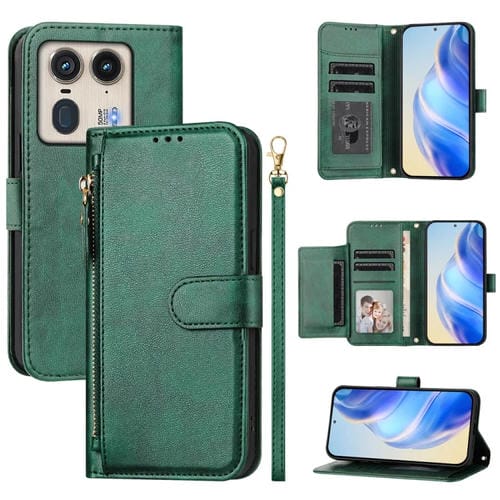 Funda de Cuero con Cremallera y Ranuras para Tarjetas para Motorola Edge 50 Ultra/Moto X50 Ultra (Verde)