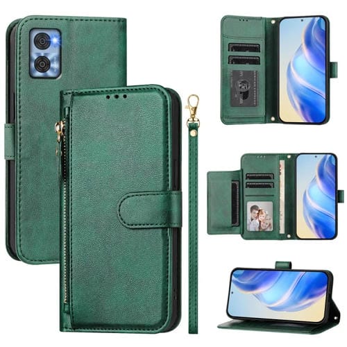 Funda de Cuero con Cremallera y Ranuras para Tarjetas para Motorola Moto E22 / Moto E22I (Verde)