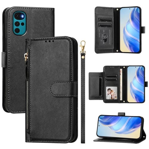 Funda de Cuero con Cremallera y Ranuras para Tarjetas para Motorola Moto E32 India/E32S/G22 (Negro)