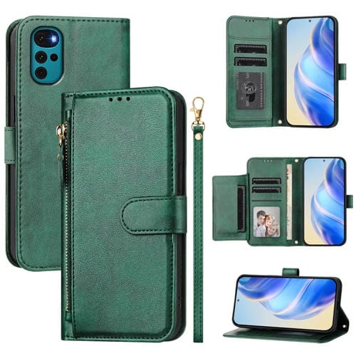 Funda de Cuero con Cremallera y Ranuras para Tarjetas para Motorola Moto E32 India/E32S/G22 (Verde)