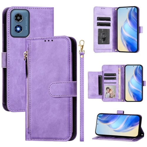 Funda de Cuero con Cremallera y Ranuras para Tarjetas para Motorola Moto G Play 4G (2024) (Morado)