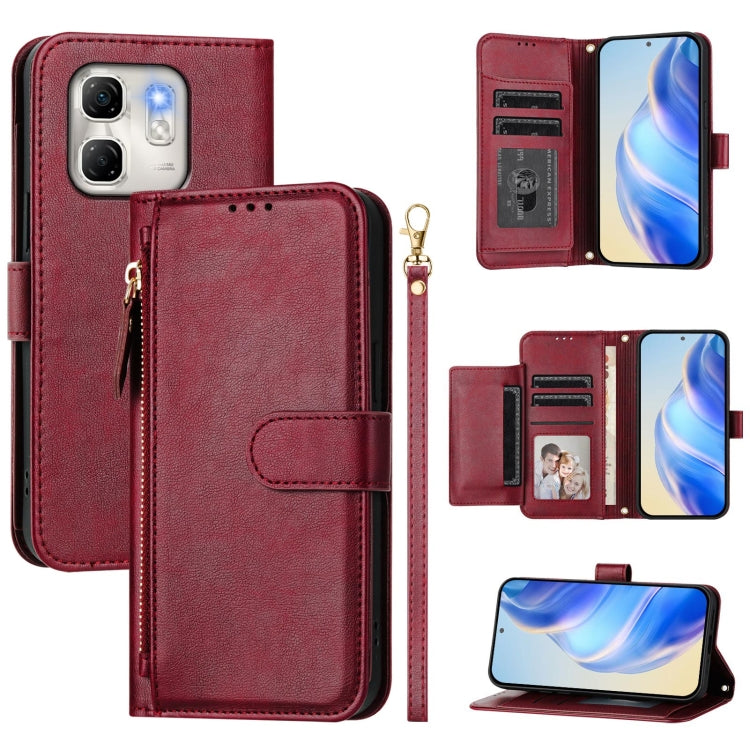 Funda de Cuero con Cremallera y Ranuras para Tarjetas para Infinix Hot 50I Smart 9 (Rojo Oscuro)
