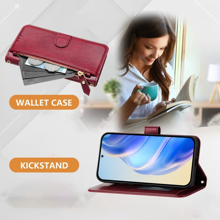 Funda de Cuero con Cremallera y Ranuras para Tarjetas para Itel A50C (Rojo Oscuro)