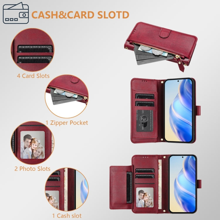 Funda de Cuero con Cremallera y Ranuras para Tarjetas para Itel A50C (Rojo Oscuro)