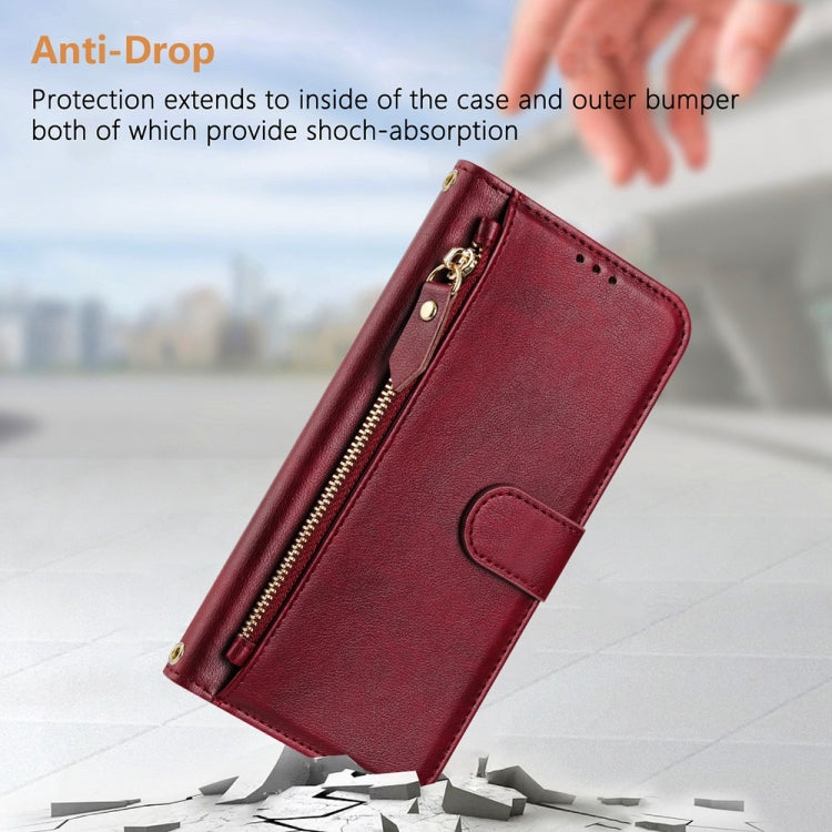 Funda de Cuero con Cremallera y Ranuras para Tarjetas para Itel A50C (Rojo Oscuro)