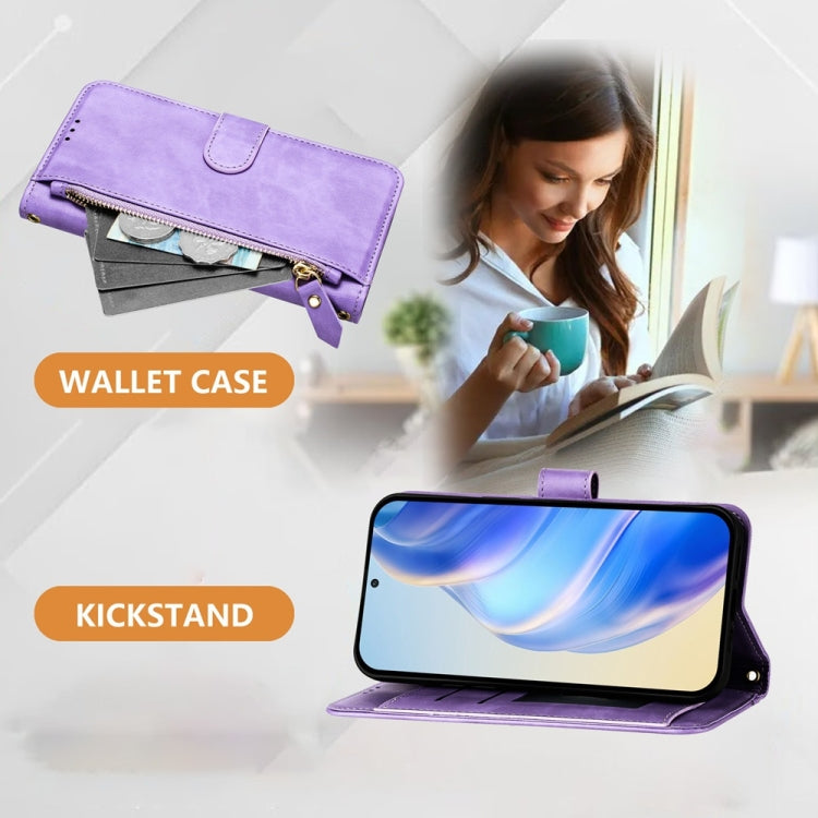 Funda de Cuero con Cremallera y Ranuras para Tarjetas para Itel A50C (Morado)