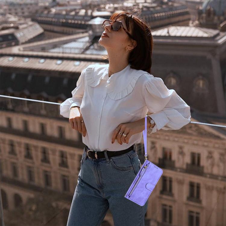 Funda de cuero con cremallera para Tecno Camon 40 Premier, con ranuras para tarjetas y billetera (morado)