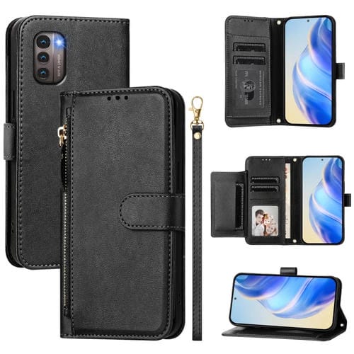 Funda de Cuero con Cremallera y Ranuras para Tarjetas para Nokia G21/G11 (Negra)