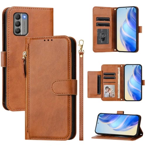 Funda de Cuero con Cremallera y Ranuras para Tarjetas para Nokia G400 (Marrón)