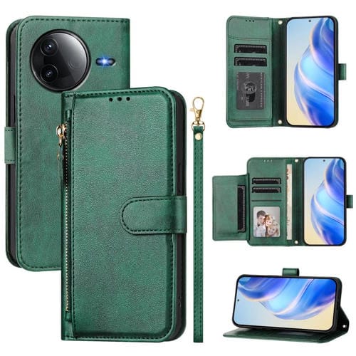 Funda de Cuero con Cremallera y Ranuras para Varias Tarjetas para Redmi K80/K80 Pro (Verde)