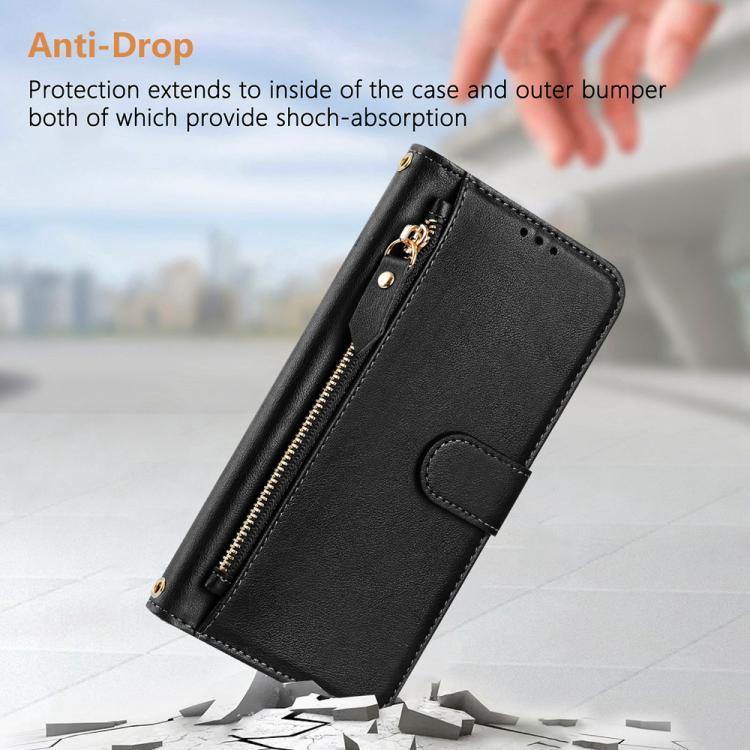 Funda de cuero con cremallera y ranuras para múltiples tarjetas para TCL 605 / TCL 60 SE (negro)