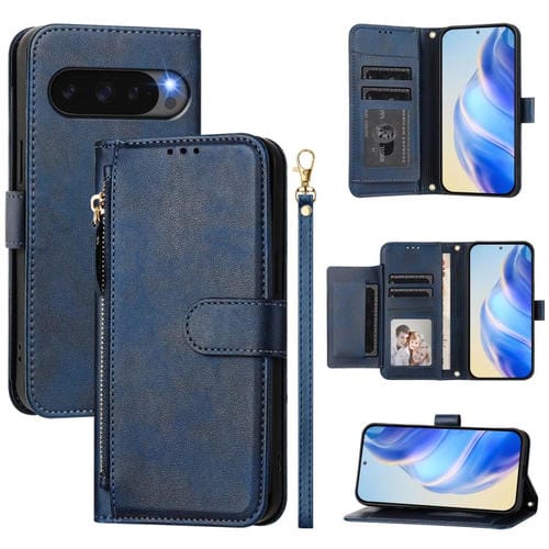 Funda de Cuero con Cremallera y Ranuras para Tarjetas para Google Pixel 10 y Pixel 10 Pro (Azul)