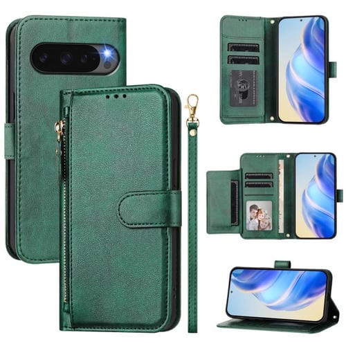 Funda de Cuero con Cremallera y Ranuras para Tarjetas para Google Pixel 10/Pixel 10 Pro (Verde)