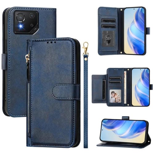 Funda de Cuero con Cremallera y Ranuras para Tarjetas para Asus Rog Phone 8/8 Pro (Azul)
