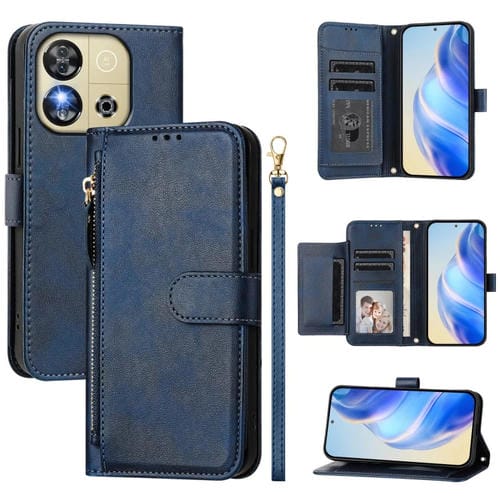 Funda de Cuero con Cremallera y Ranuras para Tarjetas para Oukitel C57S (Azul)