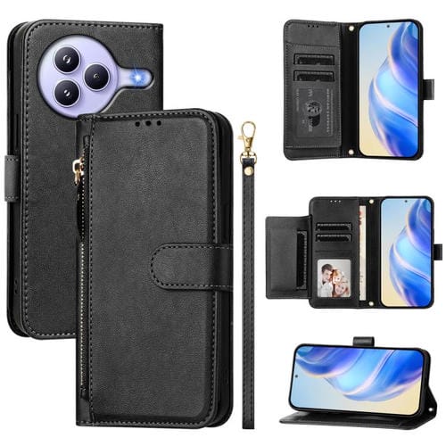 Funda de cuero con cremallera y ranuras para múltiples tarjetas para Xiaomi Civi 5 Pro (negra)
