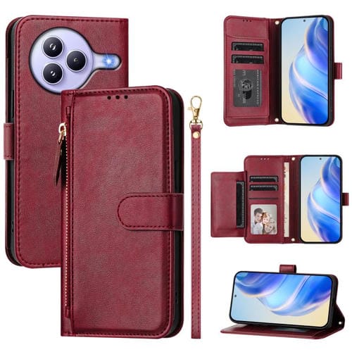 Funda de cuero con cremallera y ranuras para múltiples tarjetas para Xiaomi Civi 5 Pro (rojo oscuro)