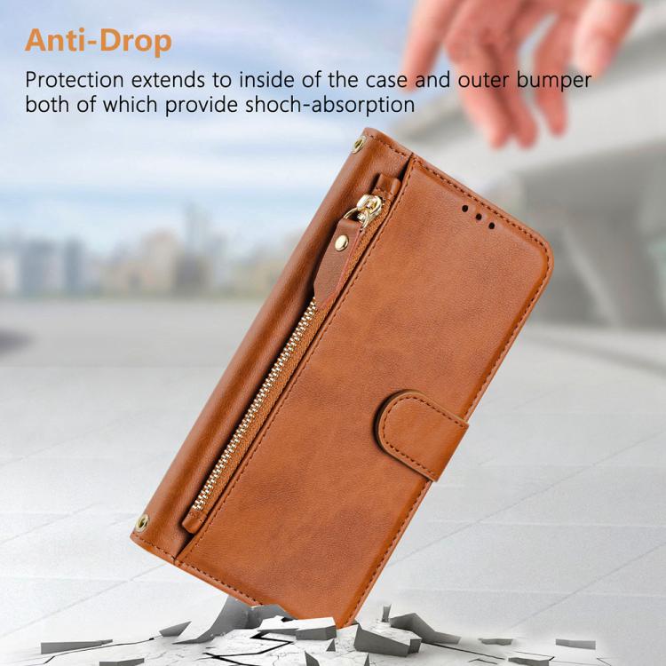 Funda de cuero con cremallera y ranuras para múltiples tarjetas para Xiaomi Civi 5 Pro (marrón)