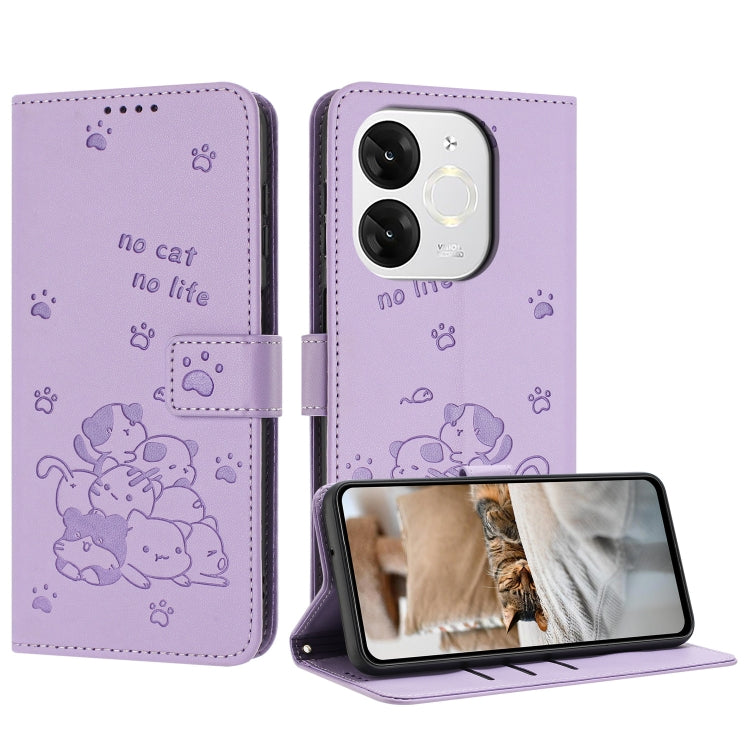 Funda de Cuero con Cordón para Teléfono Itel A80 con Diseño de Gatito en Relieve (Morado)