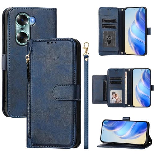Funda de Cuero con Cremallera y Ranuras para Tarjetas para Honor 60 (Azul)