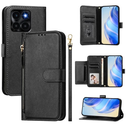 Funda de Cuero con Cremallera y Ranuras para Tarjetas para Honor X6A 4G (Negro)