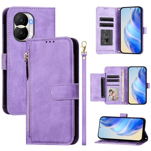 Funda de Cuero Tipo Billetera para Honor X40I con Cremallera y Ranuras para Tarjetas (Morado)