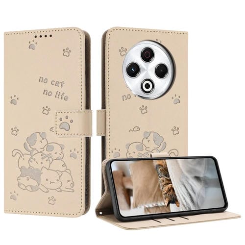 Funda de Cuero para Tecno Spark 30 4G con Diseño de Gatito en Relieve y Cordón (Beige)