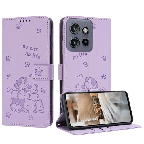 Funda de Cuero Motorola Moto S50 Edge 50 Neo con Diseño de Gatito en Relieve y Cordón (Morado)