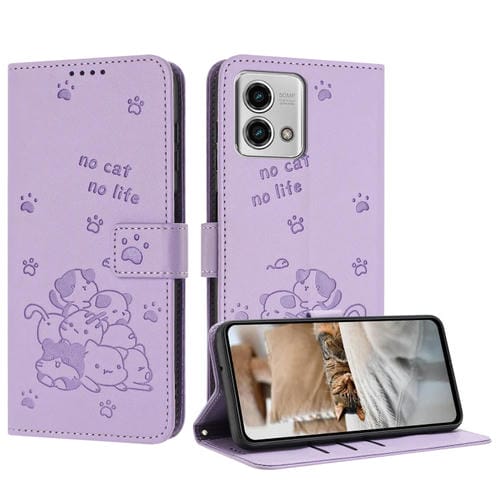 Funda de Cuero para Motorola Moto G Stylus 2023 4G con Diseño de Gatito en Relieve y Cordón (Morado)