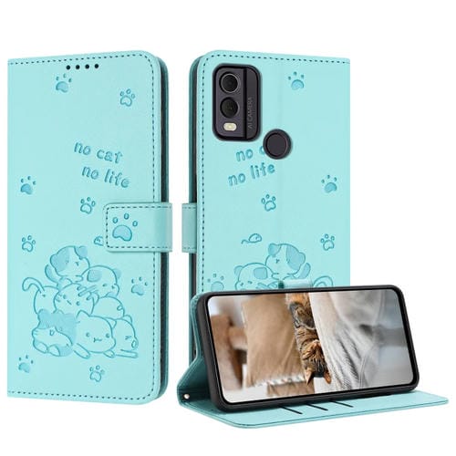 Funda de Piel para Nokia C22 con Diseño de Gatito En Relieve y Cordón (Verde Menta)