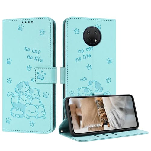 Funda de Piel para Nokia G10/G20/G300 con Diseño de Gatito en Relieve y Cordón (Verde Menta)