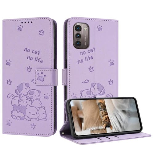 Funda de Cuero para Nokia G11/G21 con Diseño de Gatito en Relieve y Cordón (Morado)