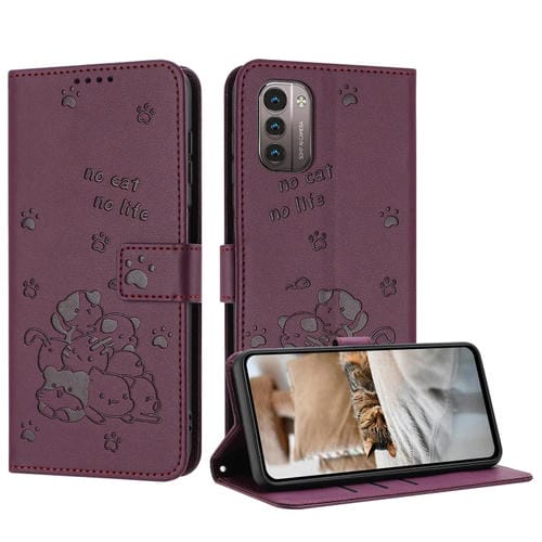 Funda de Piel para Nokia G11/G21 con Diseño de Gatito en Relieve y Cordón (Rojo Vino)