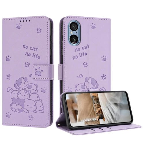 Funda de Cuero Sony Xperia 5 V con Diseño de Gatito En Relieve y Cordón (Morado)